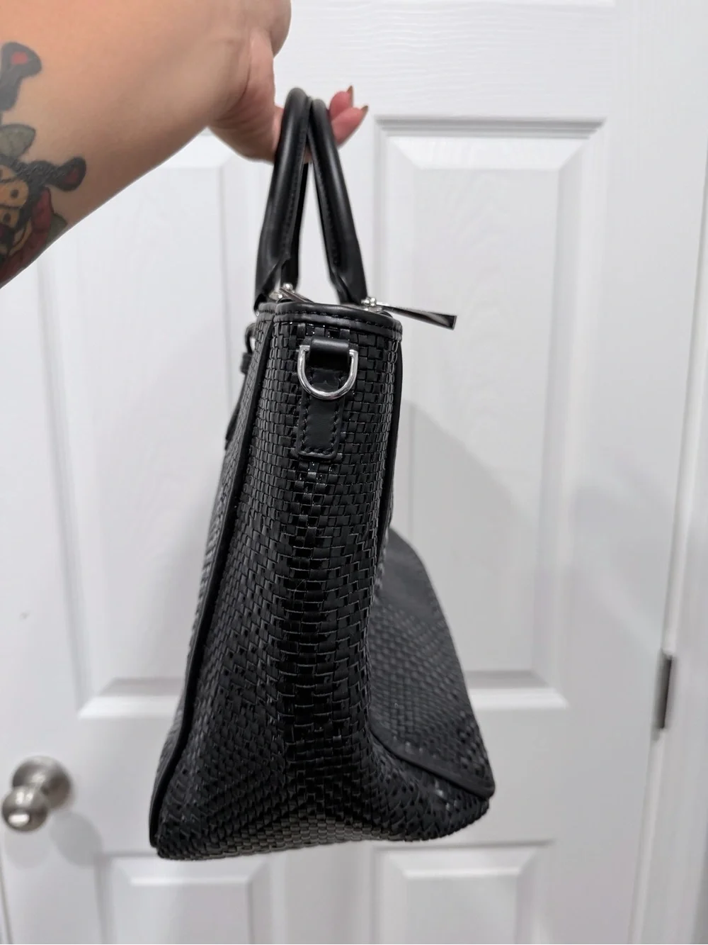 Tory Burch Robinson Black Woven Leather Top-Handle Satchel
